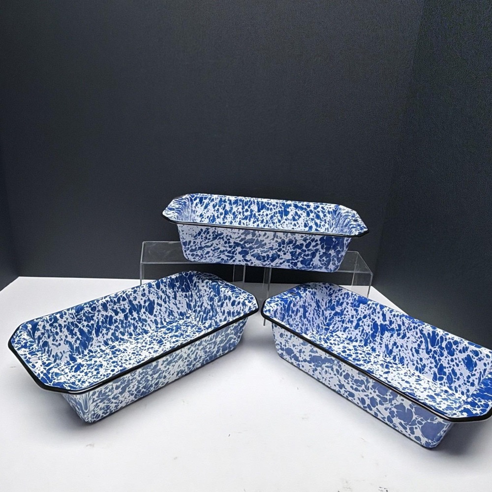 3 Vintage Enamelware Splatterware Baking Loaf Pans Blue White